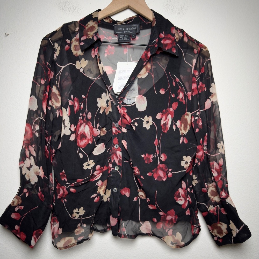 VTG 90s Women 100% Silk Button Front Top PL Black Red Floral Sheer Western Fairy